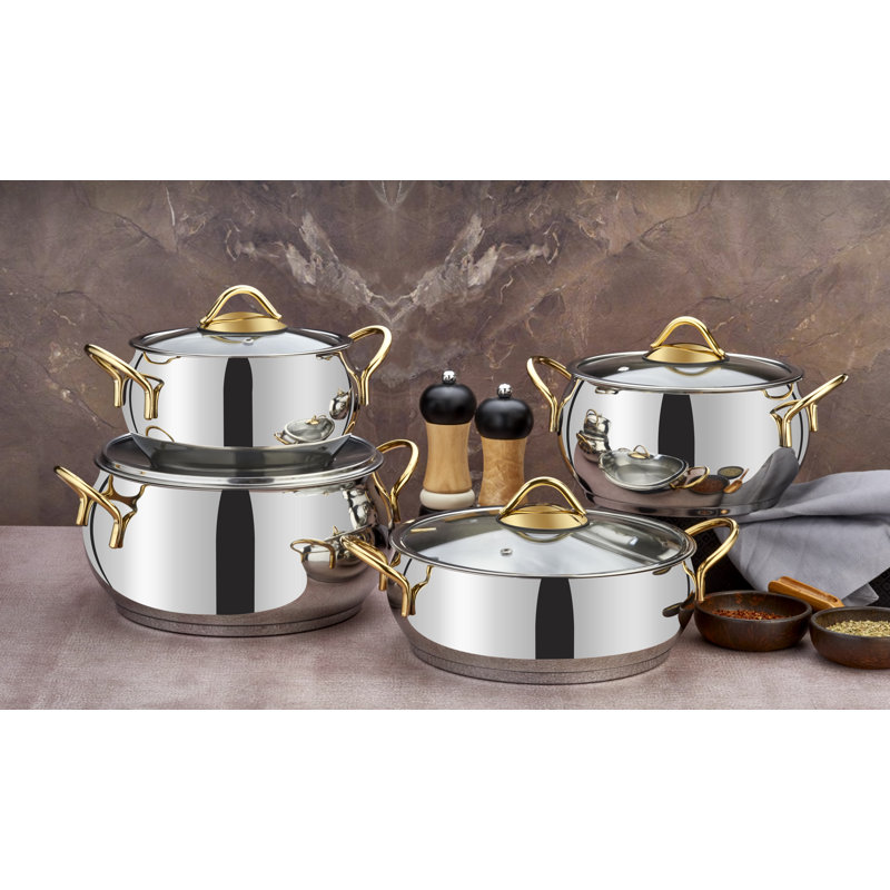 Elora 8 - Piece Stainless Steel Cookware Set, Silver/Gold