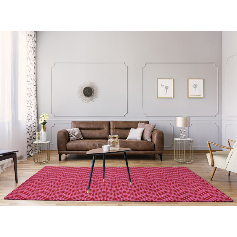Tapis rose/rouge à chevrons fait main, Rectangle 8 pi x 10 pi