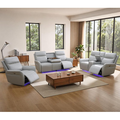 Ensemble de canapé inclinable électrique en cuir Air avec éclairage DEL et ports USB pour le salon ou le cinéma maison (canapé + causeuse + fauteuil)