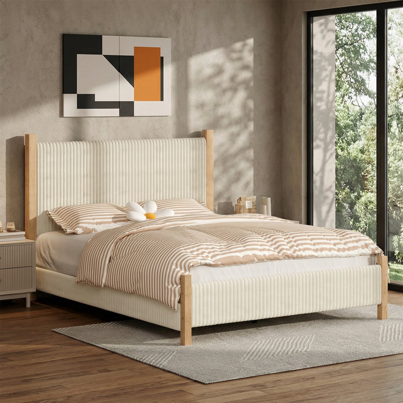 Bed Frame and Headboard, Corduroy Upholstered Bed Frame, Vertical Channel Design Headboard, Queen, Beige