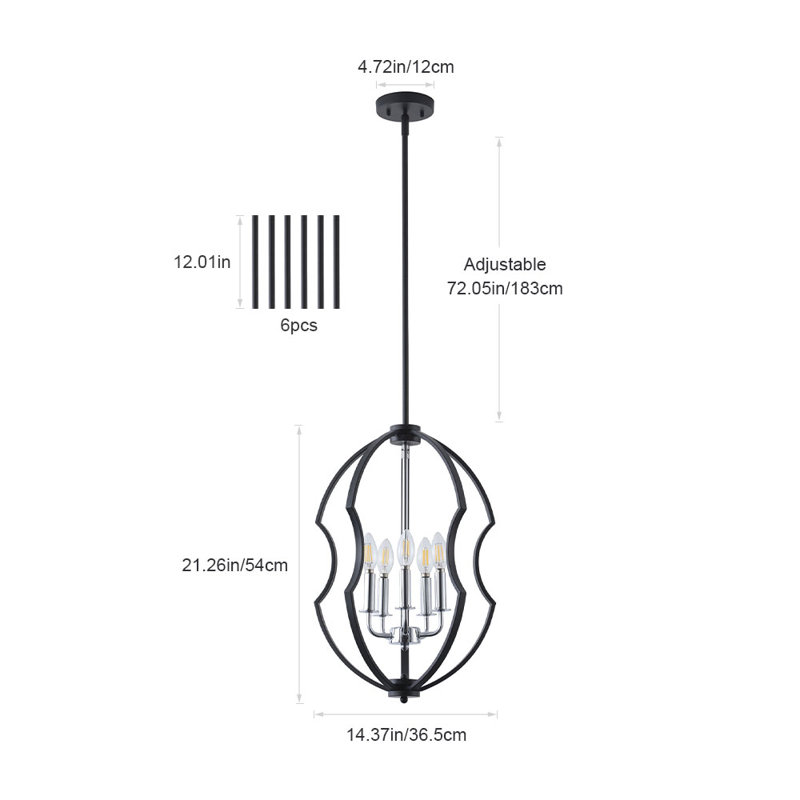 5-lamp matte black adjustable iron pendant light
