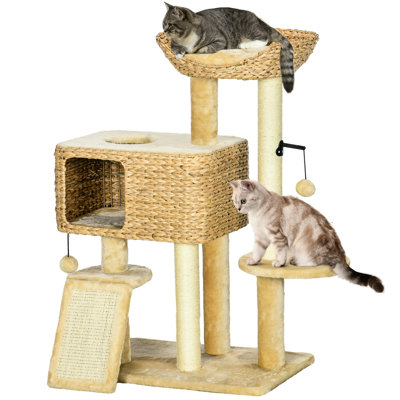 Arbre à chat 38 po pour félins d'intérieur - beige. Comprend poteaux à griffes, rampe, boules, plateforme, lit et coffre-fort. Revêtement en tissu. Dimensions: l 23,5 po x P 15,34 po. H 38,5 po. Pour chats légers de moins de 13 ans