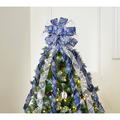 Ornement en forme d'arbre de Noël 45 po, ornements de ruban bleu et argent avec flocons de neige et paillettes