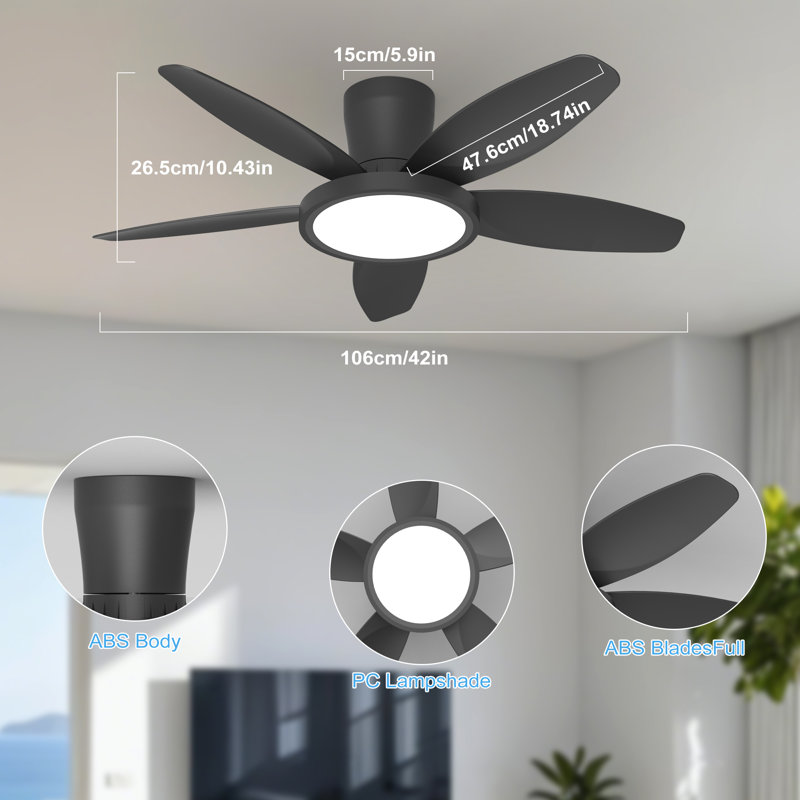 106cm Ceiling Fan with LED Lights, Black, Black
