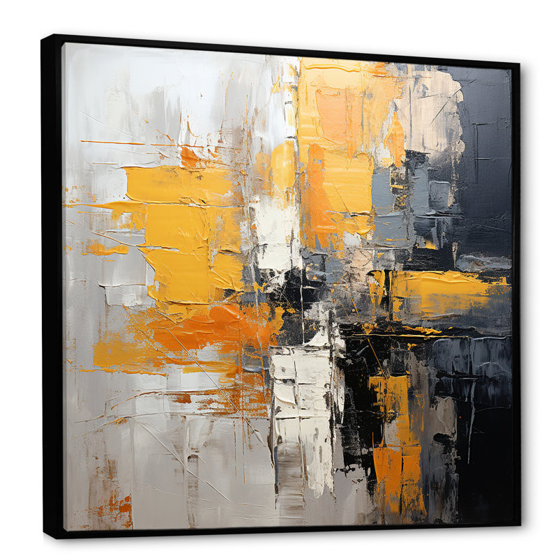 Abstrait, collage jaune et noir I - Art mural abstrait, Cadre flottant noir, H 16 po x l 16 po x P 1 po