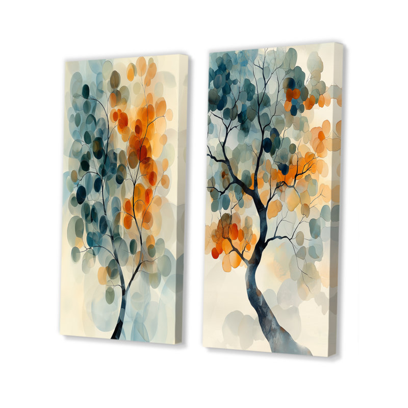 Ensemble de 2 pièces d'art mural orange et bleu à motif abstrait «I», H 28 po x l 24 po, Toile tendue