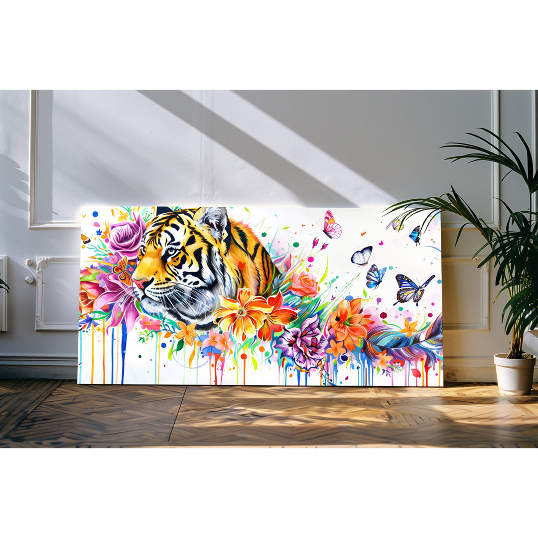 Wandbild 120x60cm Tiger Blumen Blüten Farbenfroh Kunstvoll Schmetterlinge