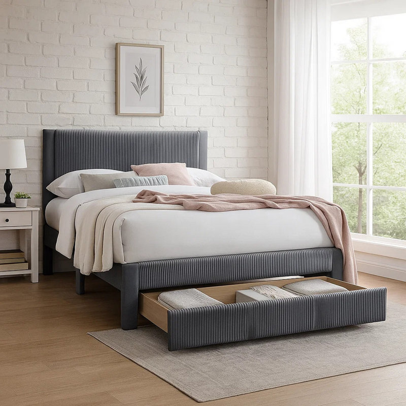 Daisy Full Bed W Drawer, Dark Gray Corduroy Upholstery, Foam Headboard, Dark Gray