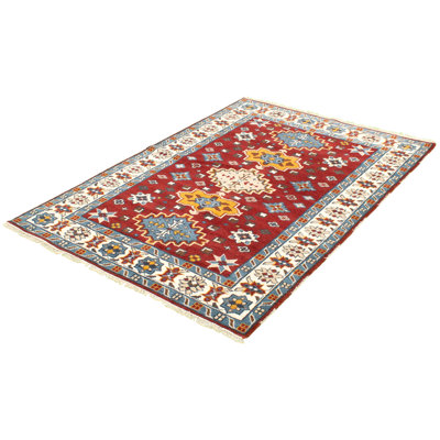 Tapis oriental rouge foncé / ivoire / bleu en laine noué à la main Haruhi