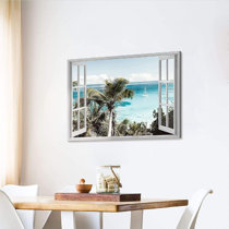 White Sand Beach Ocean Side Open Picture Window Frame Art View 32×48  Premium Canvas Gallery Wrap - Window Frame Art, Pictures That Look Like  Window Views, Whitewash Windows
