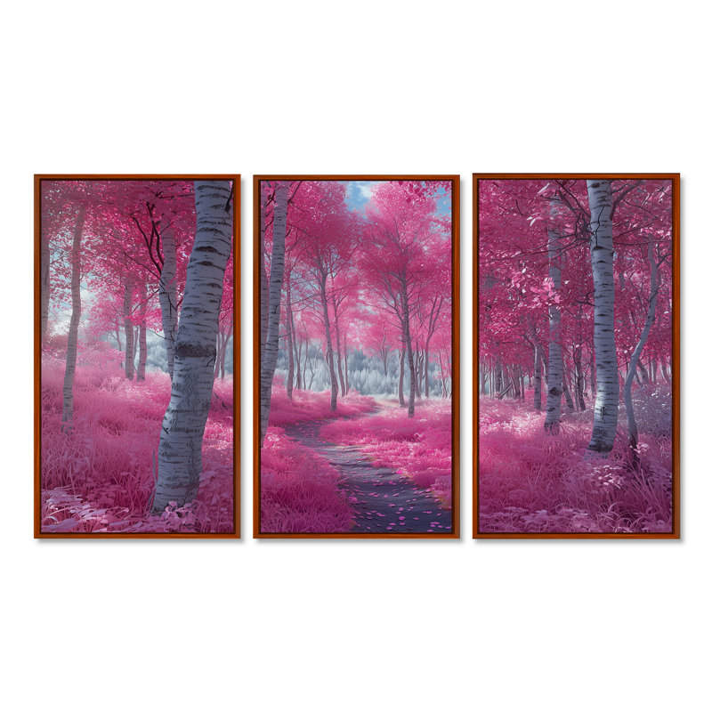 Bouleaux roses, chemin forestier, Panorama III, ensemble d'art mural forêt, H 28 po x l 36 po x P 1 po