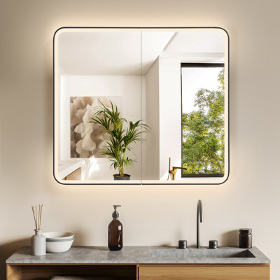 Armoire à pharmacie Ostaria de 60 po x 32 po, rectangulaire, en aluminium noir, avec éclairage DEL encastré ou en saillie