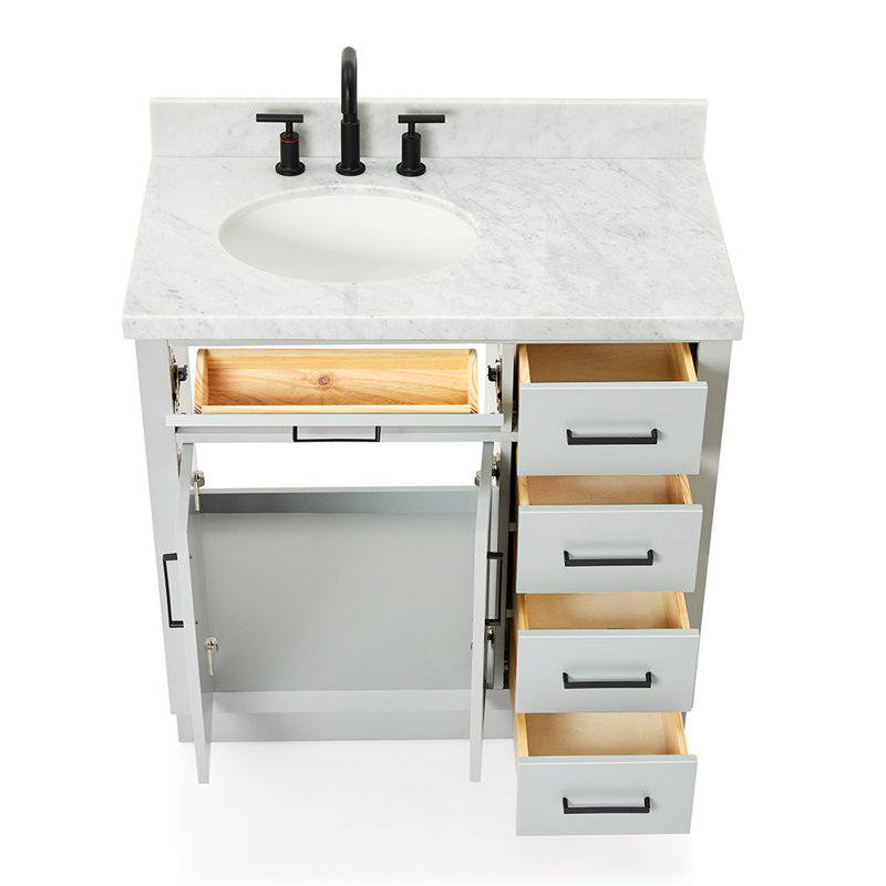 Meuble-lavabo simple en bois massif 36 po Tidworth avec plateau en marbre de Carrare 1,5 po, Gauche, Ovale, Gris