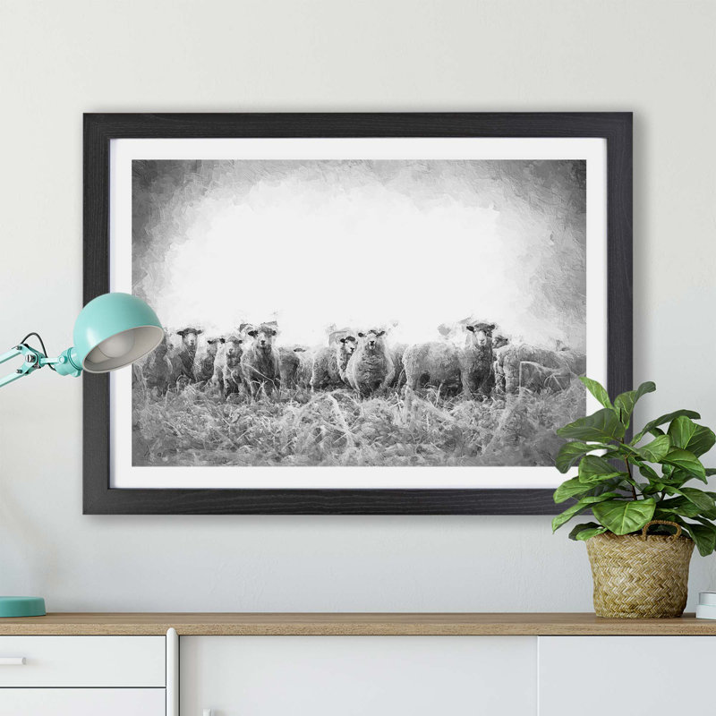 A Flock Of Sheep - Framed Print, 24cm H x 33cm W x 2cm D, Black