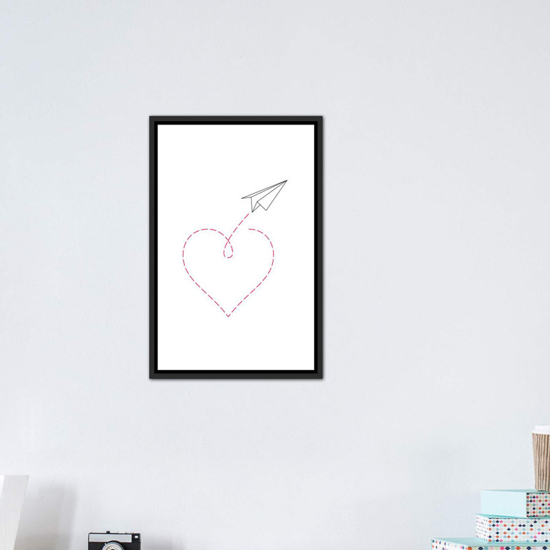 «Paper Plane & Heart I», reproduction d'impression, Pas de tapis, Toile à cadre patiné noir, H 26 po x l 18 po x P 1,5 po