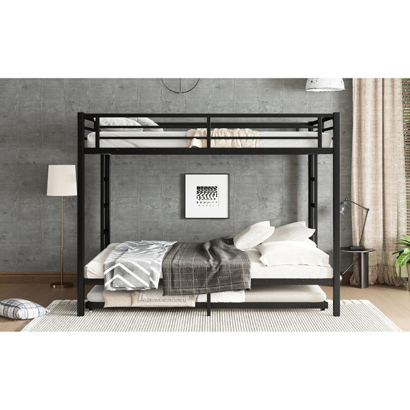 Grand lit noir en métal avec lit gigogne simple - Revêtement, support stable, lit superposé sécuritaire fabriqué en structure solide, peu bruyant, peu encombrant