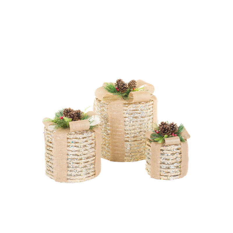 Ensemble de 3 boîtes-cadeaux circulaires en corde de sisal avec lumières DEL blanc chaud et pommes de pin
