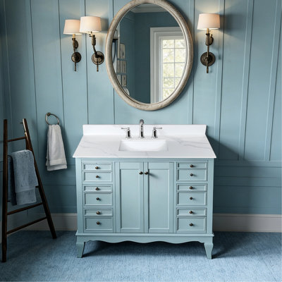 Meuble-lavabo de 43 po en quartz blanc, lavabo simple encastré, 4 dosserets, 3 trous de robinetterie, teinture, meuble-lavabo de style américain de luxe avec culot moyen pré-percé moderne