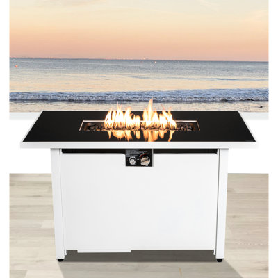 Foyer de table 50000, acier inoxydable, rouille, contemporain, blanc avec base en acier avec allumage et porte