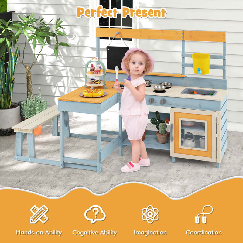 Mud Kitchen With Kids Picnic Table Built-in Bench Blackboard Water Box Sink