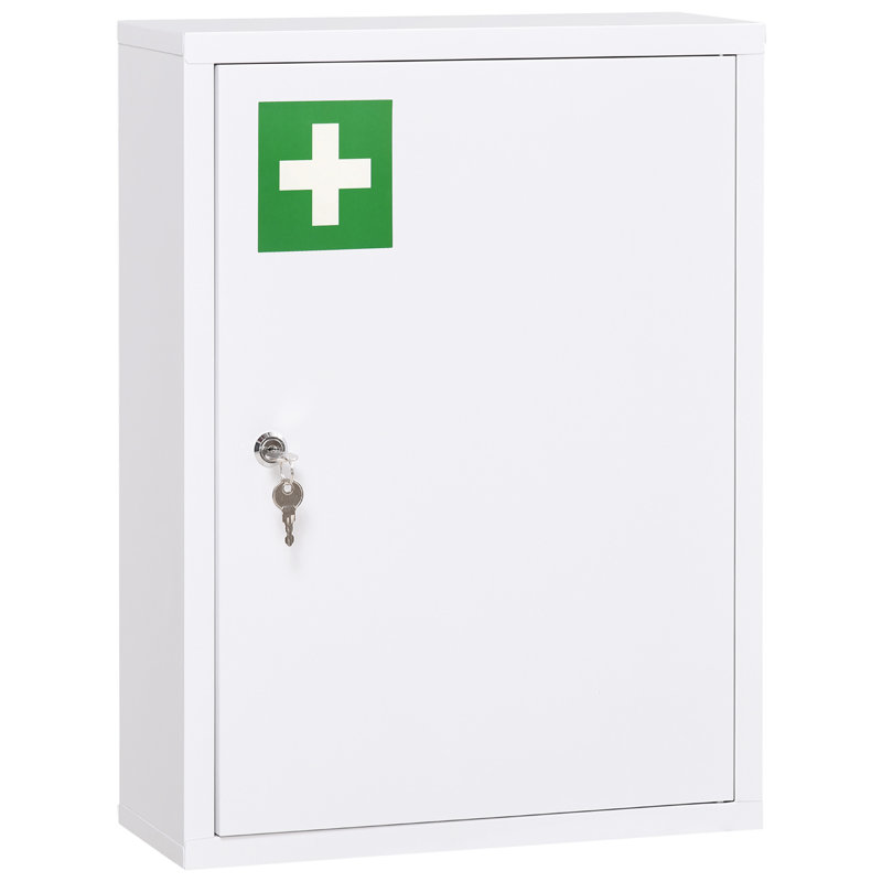 kleankin Armoire à pharmacie murale 16 po x 21 po avec serrure, armoire murale verrouillable en acier à 3 niveaux pour la salle de bain, cuisine avec 2 clés, blanc