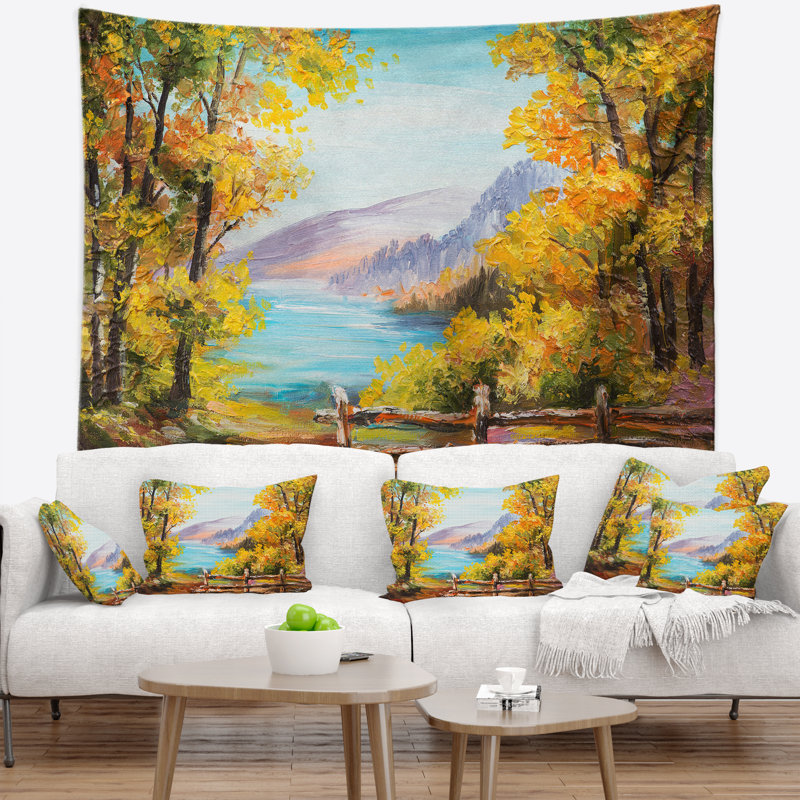 Lac de montagne de paysage dans la tapisserie d'automne, H 32 po x l 39 po