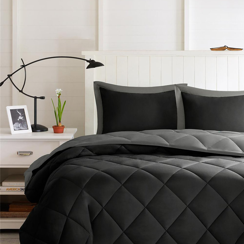 Diamond Quilting Reversible Down Alternative Comforter Set, Twin, Black