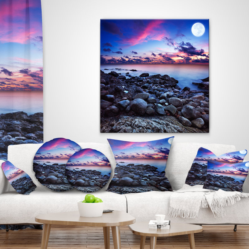 Pleine lune fantaisie paysage marin - Coussin décoratif imprimé paysage, 18 po x 18 po, Carré