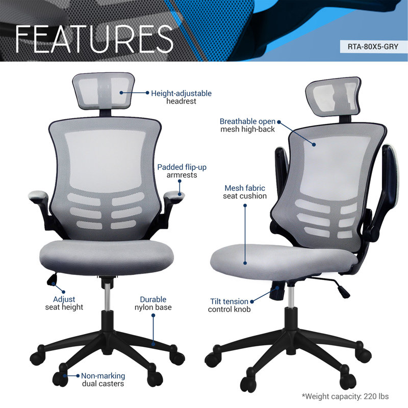 Fauteuil de direction moderne haut dossier en filet avec appui-tête et accoudoirs rabattables