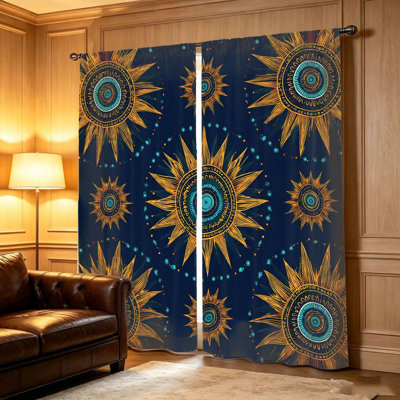 2 pièces de rideaux Mandala Sunburst, tissu filtrant la lumière, motif circulaire bohème et mystérieux, protection de la vie privée de parasol, conception à passe-tringle, convient au salon, à la chambre à coucher, au balcon, à la cuisine