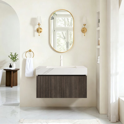 Meuble-lavabo suspendu de luxe de 91 cm (36 po) avec comptoir en pierre frittée et lavabo en céramique, style milieu du siècle.