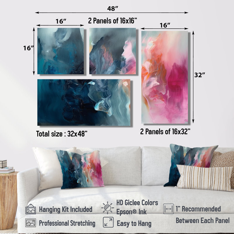 «Blue and Pink Spatula Abstract», reproduction d'art sur toile bleue, 4 pièces, Impression encadrée sans passe-partout, Noir