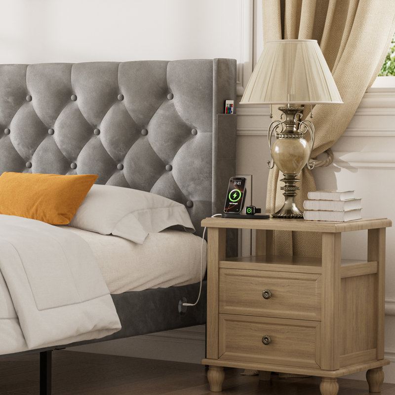 Upholstered Bed Frame with Diamond Button Tufted Headboard, Grey, Kingsize (5')