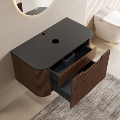 36" Walnut Wall-Mounted Bathroom Vanity Cabinet With Countertop, No Sink