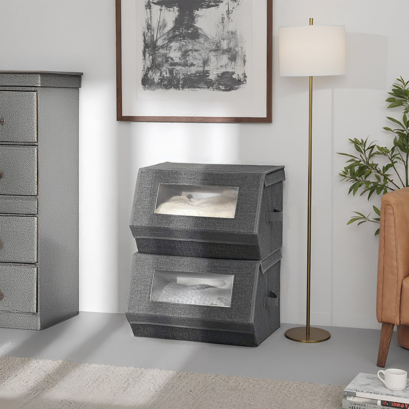 Ensemble de 2 boîtes de rangement en tissu pliables, bacs de rangement empilables avec couvercle et poignées, pour les vêtements, structure en métal