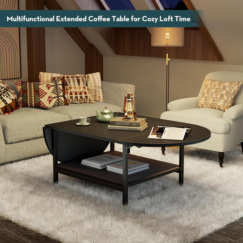 Black Extendable Coffee Table with Storage and Metal Legs