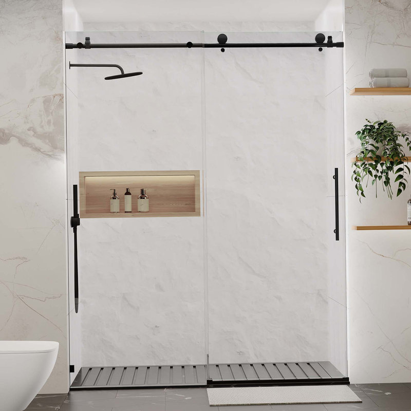Porte de douche sans cadre, porte de douche coulissante pour salle de bain, Noir mat