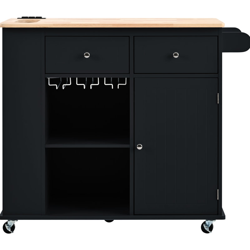 Îlot de cuisine avec prise électrique et rallonge pliable. Noir Porte-bouteilles, rangement latéral. Armoire sur support facile à utiliser et à nettoyer - noir