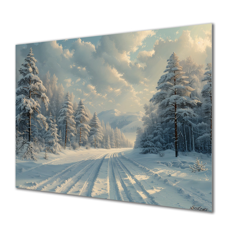 «White Gray Winter Road Into Forest II», art mural paysage d'hiver, Métal métal, H 12 po x l 20 po