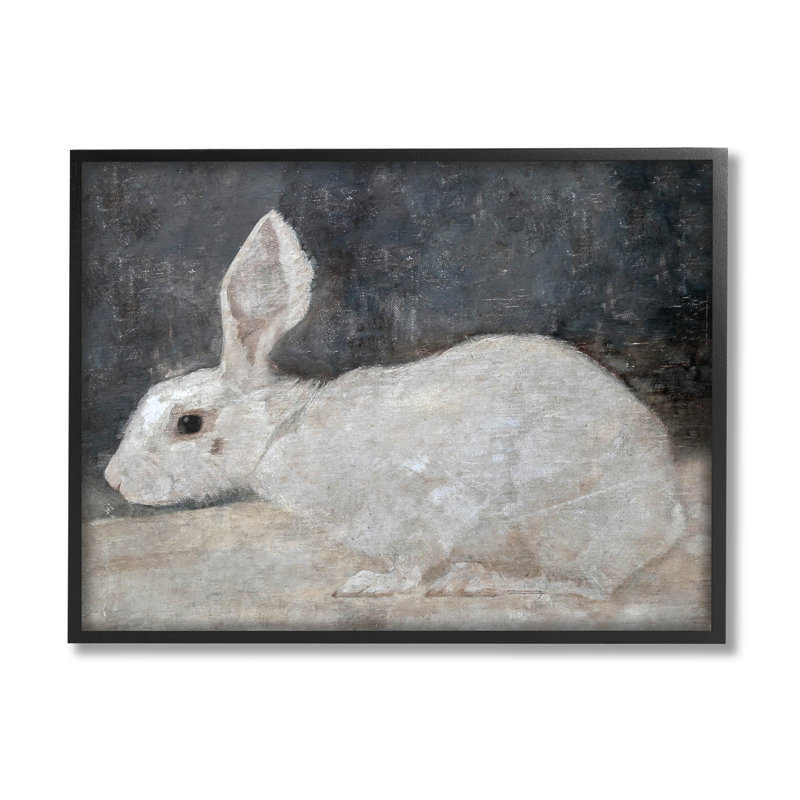 Lapin blanc, estampe numérique classique avec lettrage et doublure, Giclée encadrée noir minuit, H 24 po x l 30 po x P 1,5 po