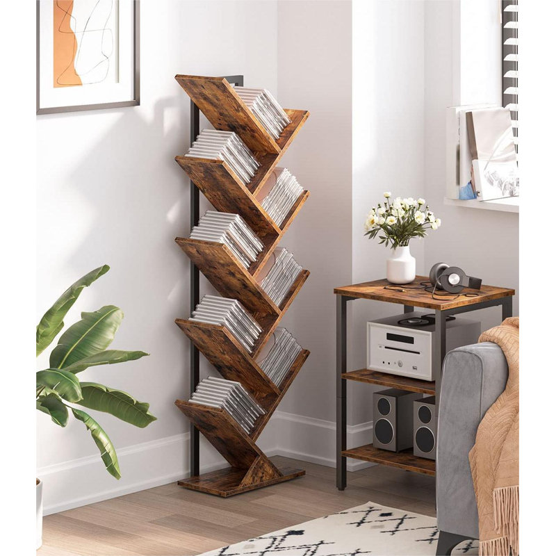 Rustic Brown 9-Tier Tree Bookshelf with Metal Frame