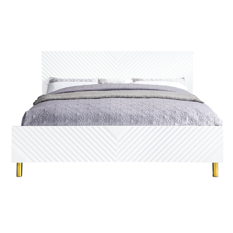 High Gloss Finish Queen Bed With Wave Design And Metal Legs, 26 Slats 2 Support No Box Spring Necessary, Fully Kd Structure, 660Lbs Capacity, White Main Color, Synthetic Wood Material, 65 Inches Of