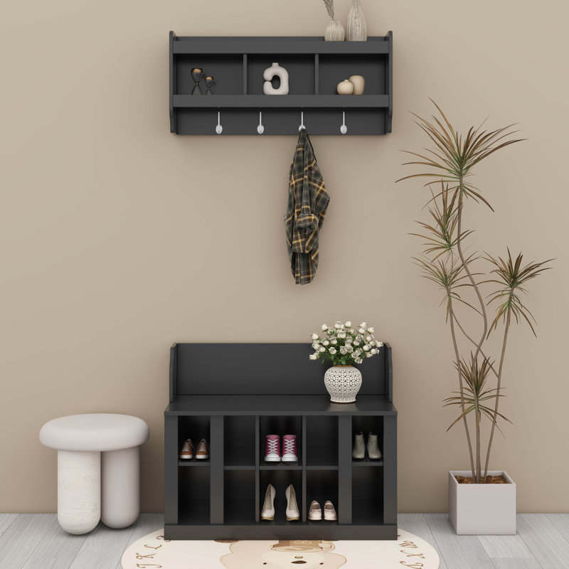 Banc de rangement pour chaussures avec tablettes et 4 crochets, portemanteau multifonctionnel avec portemanteau mural, Noir