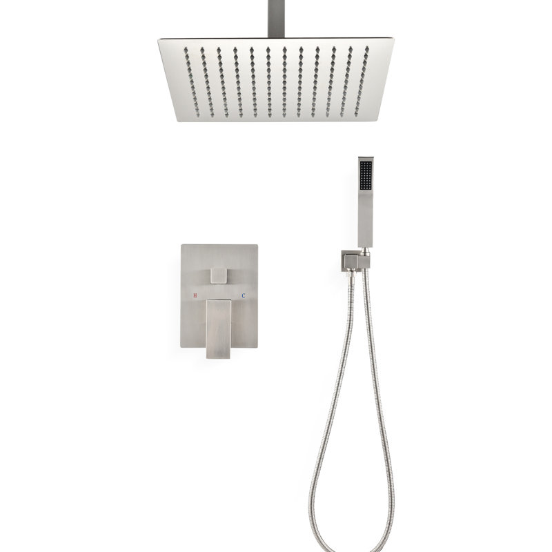 Système de douche de plafond avec douchette et tête de 16 po - Nickel brossé, laiton, pluie naturelle, buse autonettoyante, conforme aux spécifications de la norme américaine