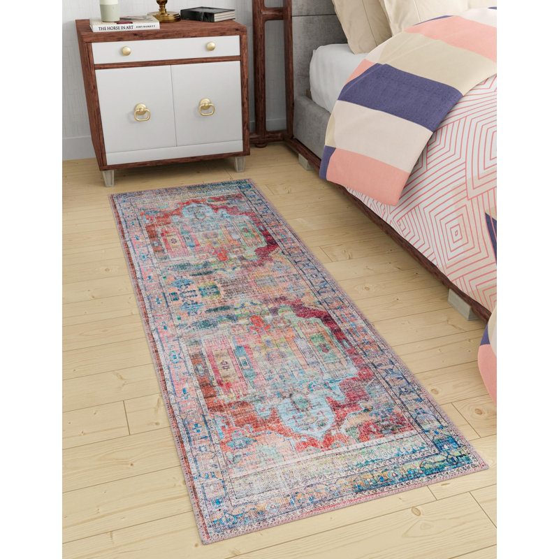 Tapis oriental beige / rose / bleu Engle, Tapis de couloir 2 pi 7 po x 13 pi 1 po