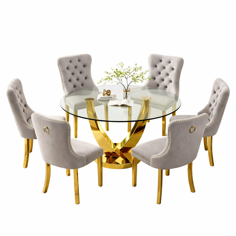47.2" Round Glass Dining Table Set, Modern Tempered Glass Kitchen Table with 6 Velvet Upholstered Chairs, Gold/Gray
