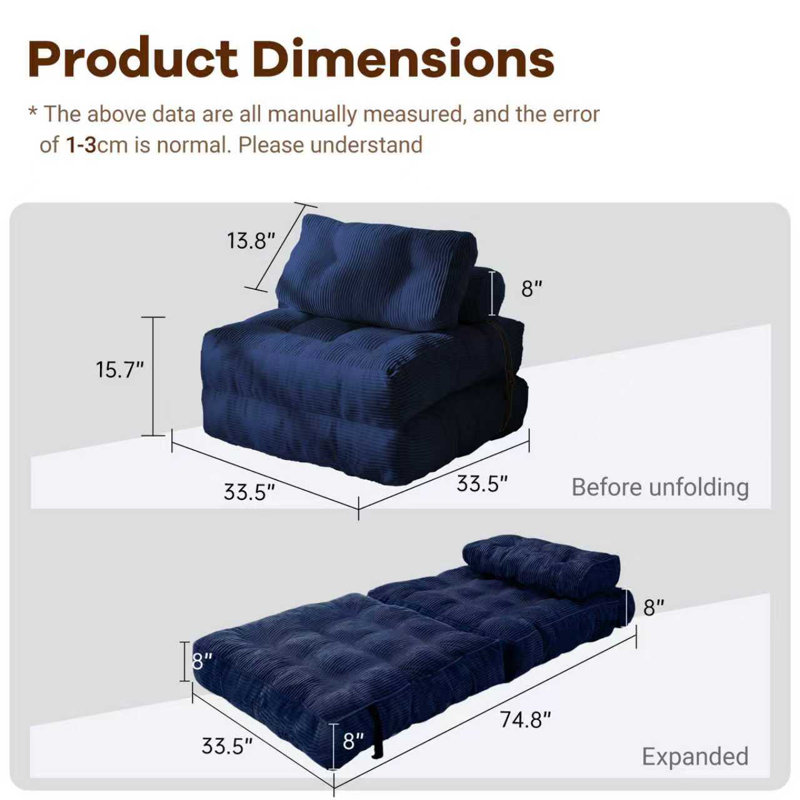 Canapé-lit modulaire convertible de 33,5 po avec capitonnage pour espaces compacts - aucun assemblage requis, Bleu