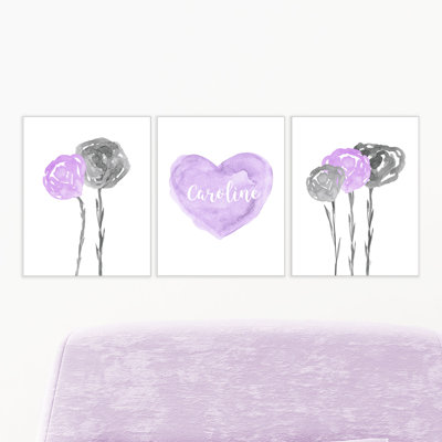 Cambrai 3 Piece Lavender Floral Bouquet and Heart, Paper Prints Set