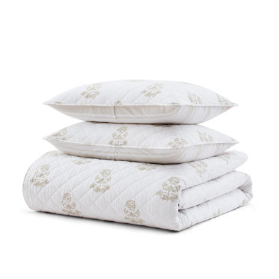 Martha Stewart Flower Block Print Cotton Reversible Beige Quilt Set