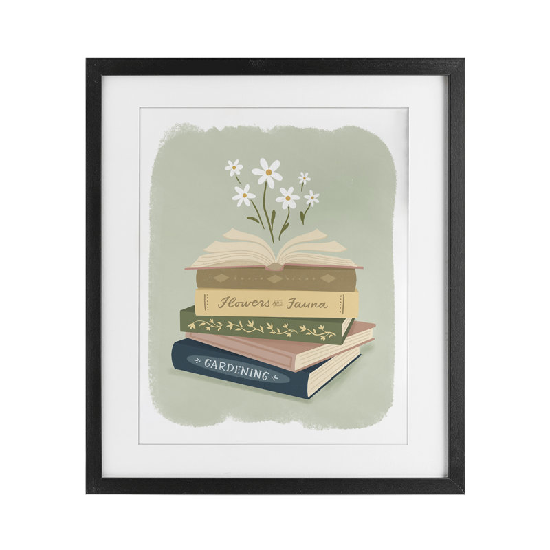 Open Book Stack Gardening Theme Framed Print Under Glass, design by Sandra Picco, 21" H x 17" W, Midnight Black Frame
